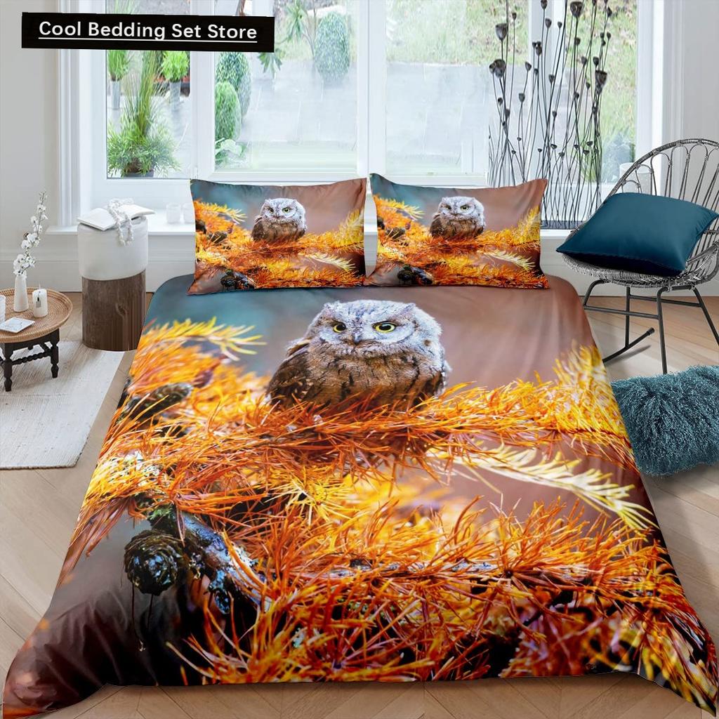 Black Owl King Queen Duvet Cover Moon Safari Bird Animal Bedding Set Lovely Wildlife Quilt Cover Grey Polyester Comforter Cover