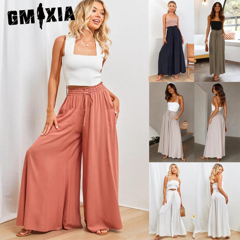 GMXIA Spring Summer Women's Wide-leg Trousers with Elastic Belts, Wide-leg High-waisted Long Style