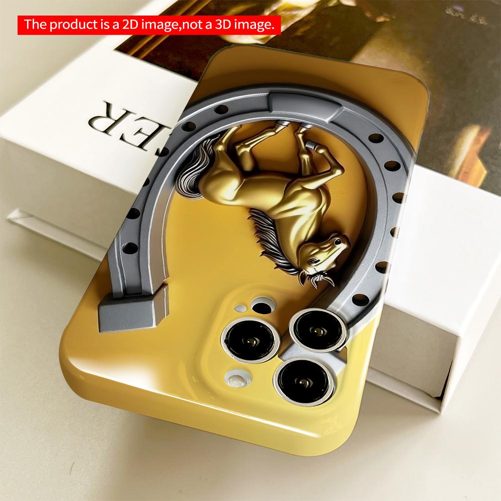 2DFlat Golden Horse in Silver Horseshoe Wall Art All inclusive film hard phone case, compatible with iPhone 18 Pro Max 17 16 15 14 13 12 11