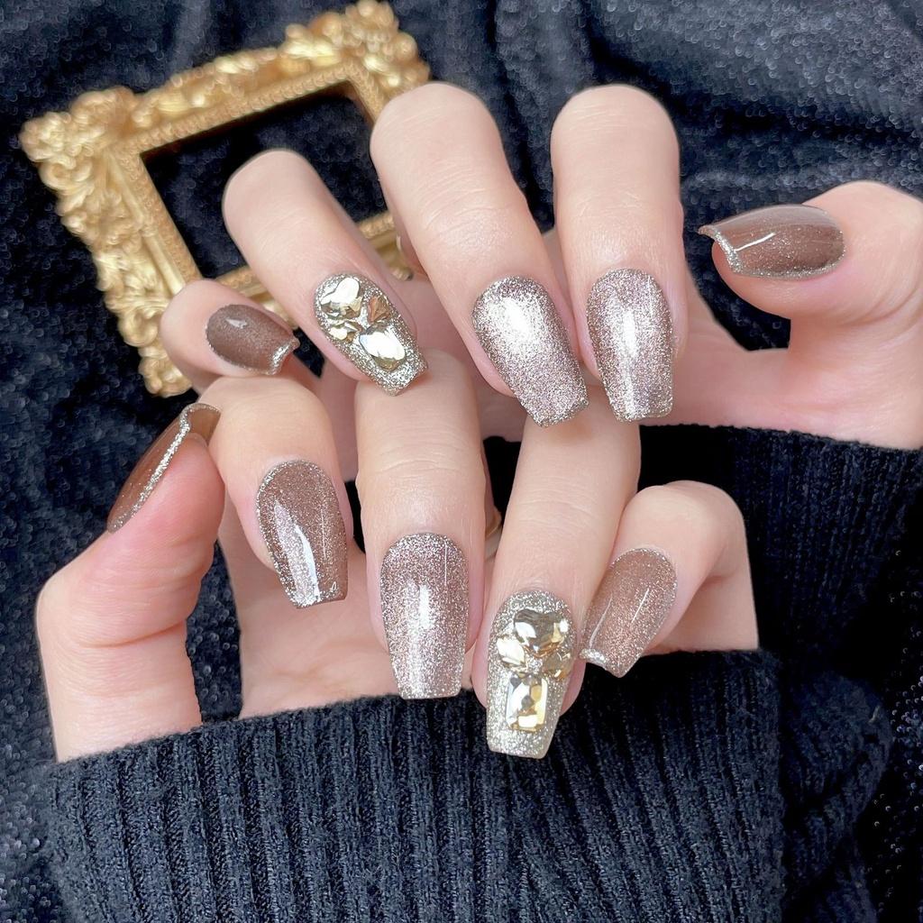 New Autumn And Winter Handmade Nail Stickers Pure Color Cat Eye French Style Flashing Rhinestone False Nails