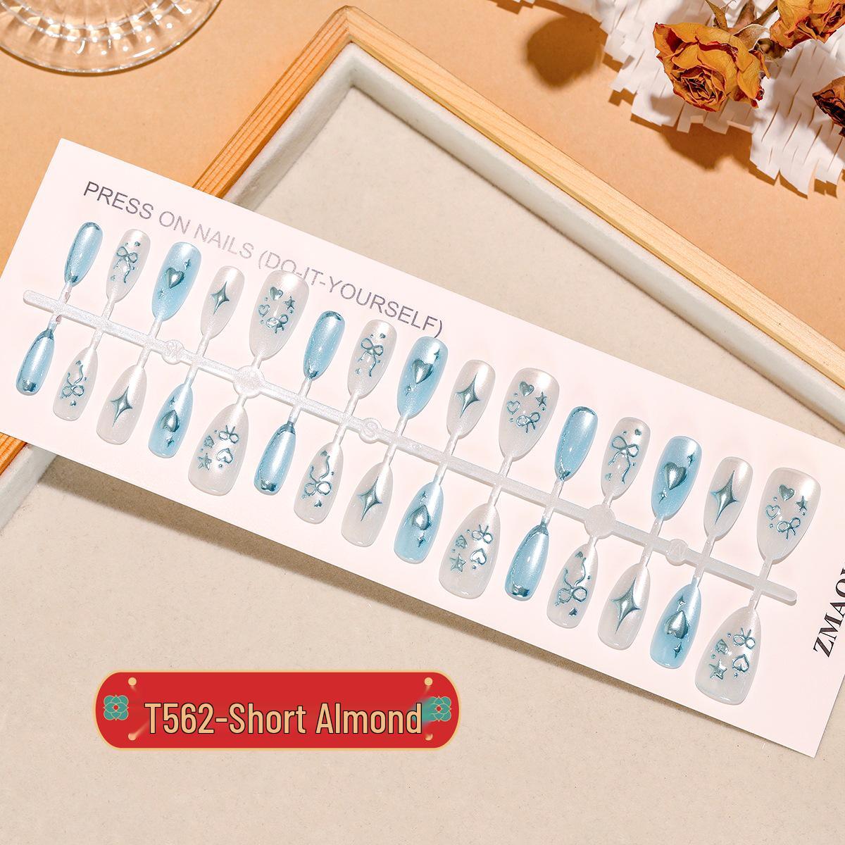 

T562# Синий бант Миндаль Серебряная фольга Кошачий глаз Ногти - 30 штук Коллекция Весна/Лето Full Strip M/M/M