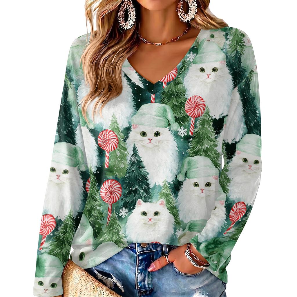 Women's V-Neck Long Sleeve Christmas Printed Lightweight Top for Spring and Summer