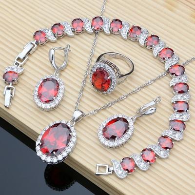 Roter Granat Zirkonia Ohrringe Anhänger Halskette Armband Ring Set