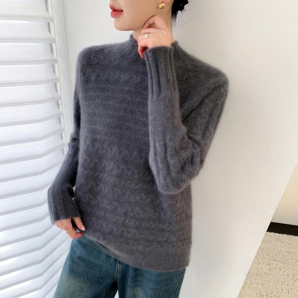 100% Pure Wool Half-High Collar Knit Sweater - Women's Autumn/Winter Soft Pullover, Thick Base Layer.