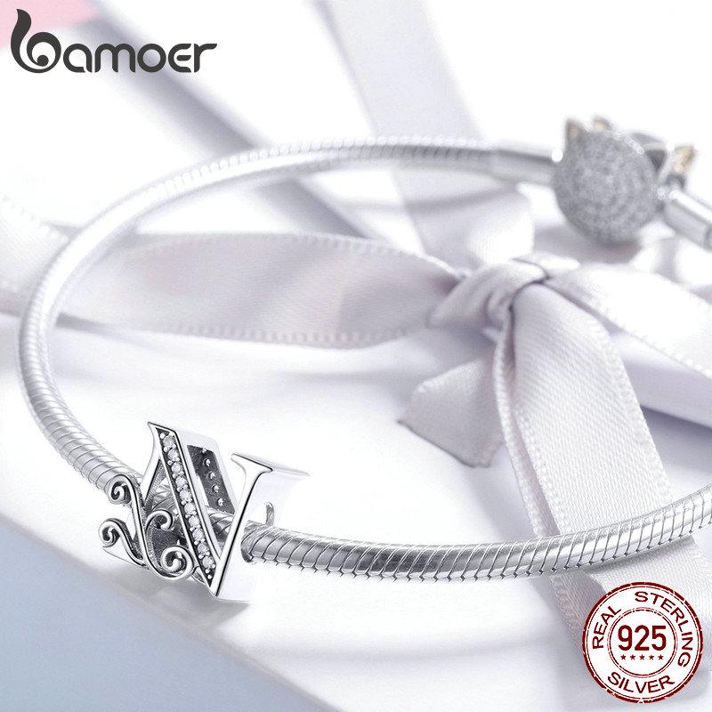 BAMOER Echtes 925 Sterling Silber Buchstabe N Alphabet Perlen Charms Fit Charm Armbänder & Armreifen DIY
