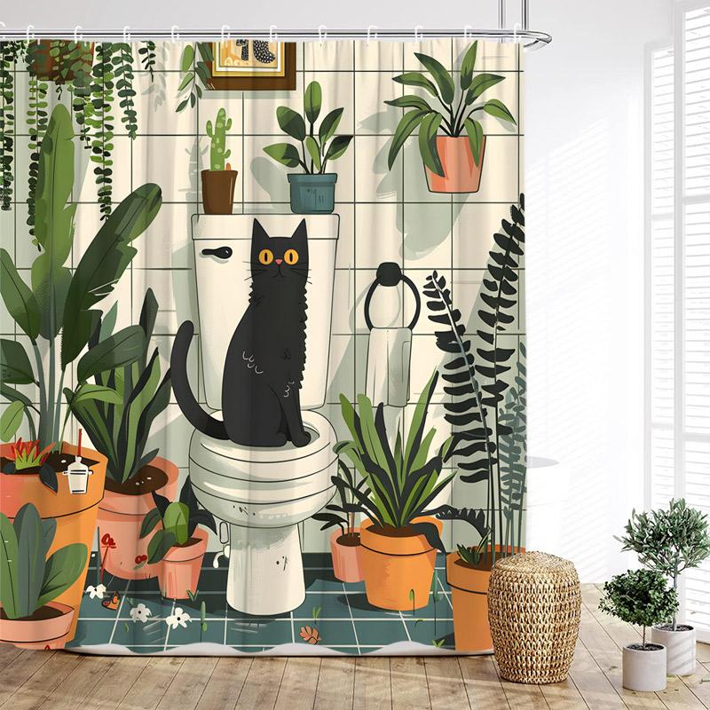 Cute Cats Shower Curtain Vintage Watercolour Floral Plant Animals Pet Kids Bath Curtains Fabric Home Bathroom Decor With Hooks