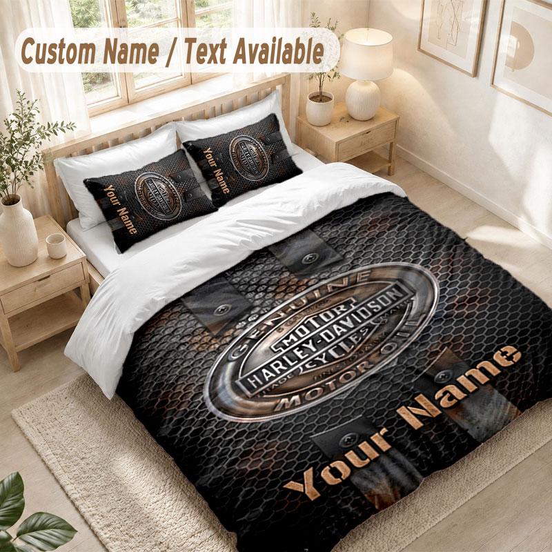 Custom Name Bedding Set 3 PiecesHarley-Davidson Print Duvet Cover + 2 Pillowcases Soft Bed Decor