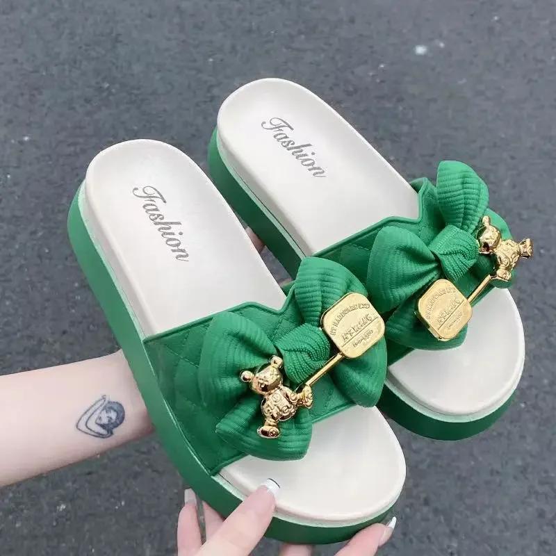 New Bowknot Women's Slippers Summer Women Slippers Indoor Outdoor Green Flip Flops Beach Shoe Home Non-slip EVA Slippers