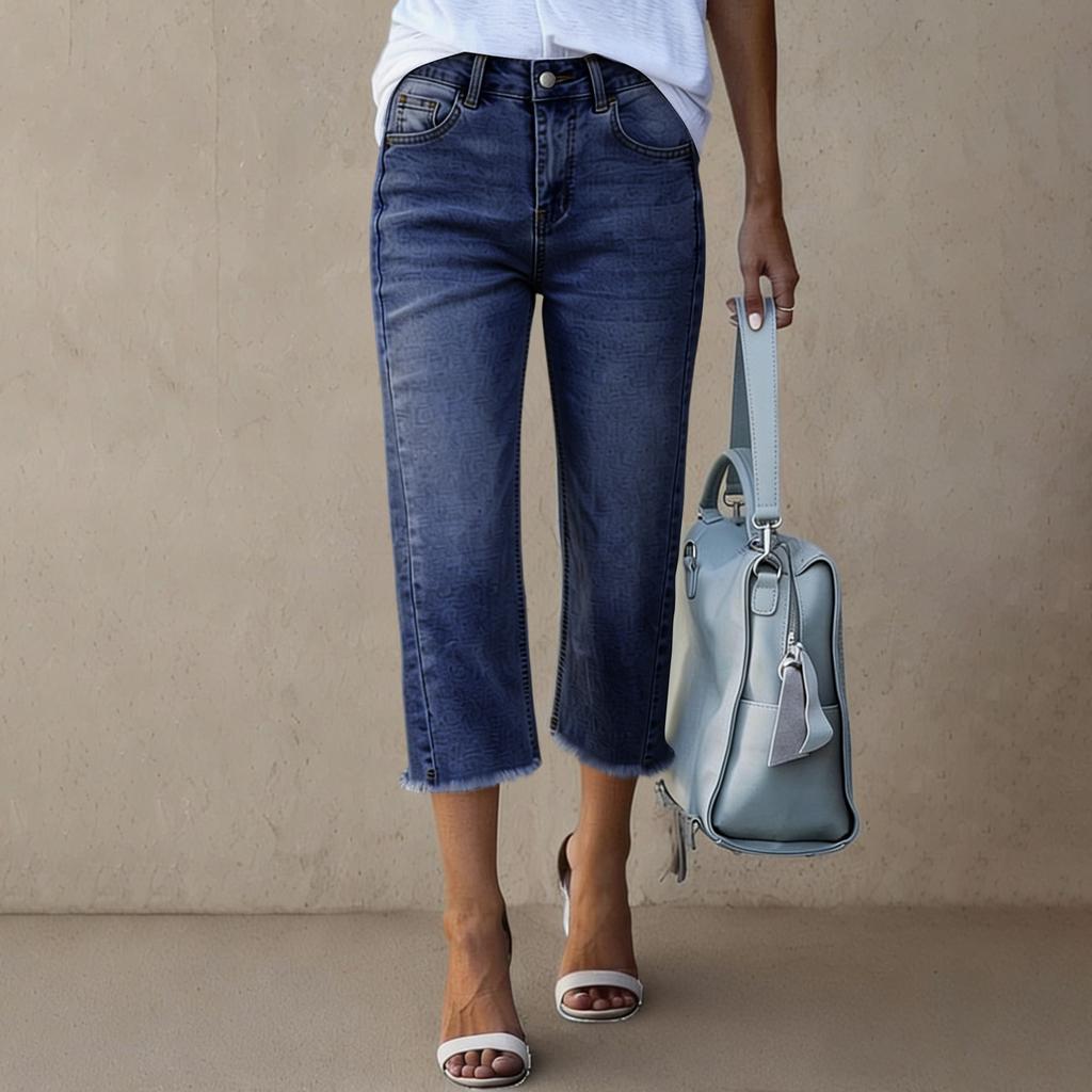 Pantalon Court Mode Taille Haute Classique Polyvalent en Denim pour Femmes