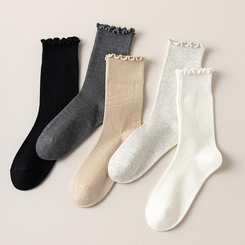 Lace Pile Pile Women's All-season Versatile Casual Cotton Socks, Ruffled Mid-calf Socks for Women