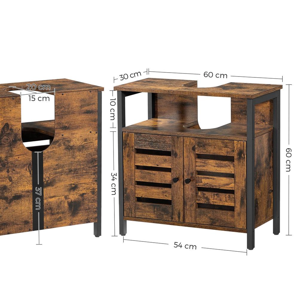 VASAGLE Under Sink Cabinet, Bathroom Vanity Unit, Storage Cupboard, 60 x 30 x 60 cm, with Steel Frame, Open Shelf, Louvered Doors, Adjustable Shelf