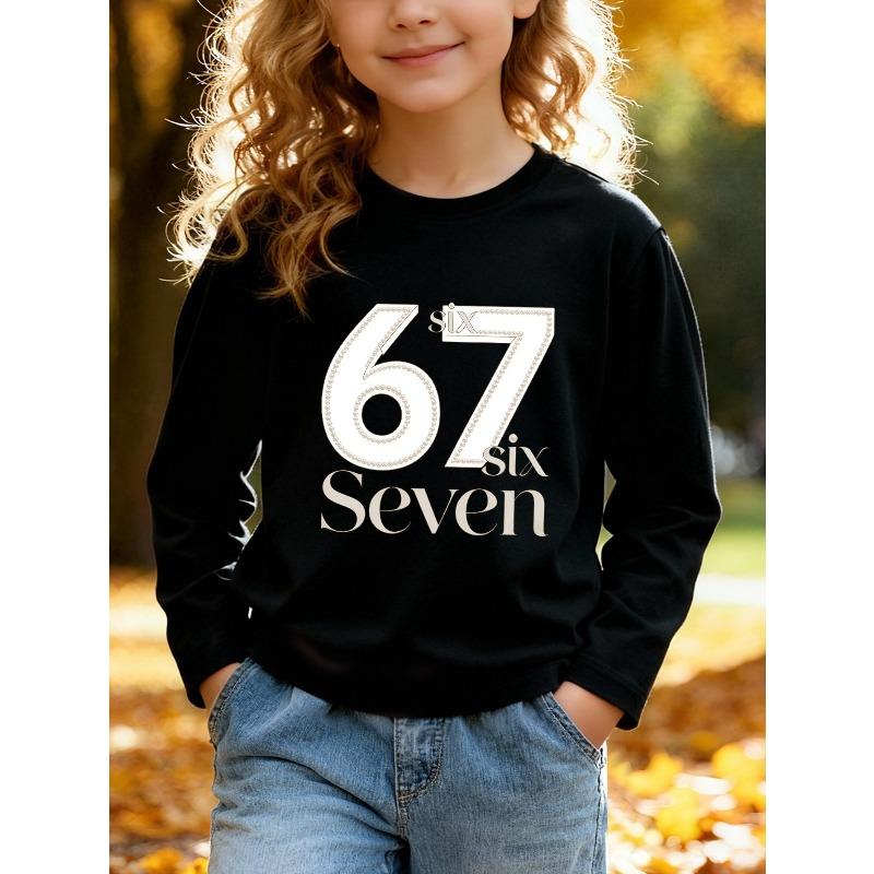Unisex Kids Red Crewneck Sweatshirt For 4-12 Girls Pearl Rhinestone Outline Number 67 Elegant Script Text Print Soft Fleece Long Sleeve Pullover