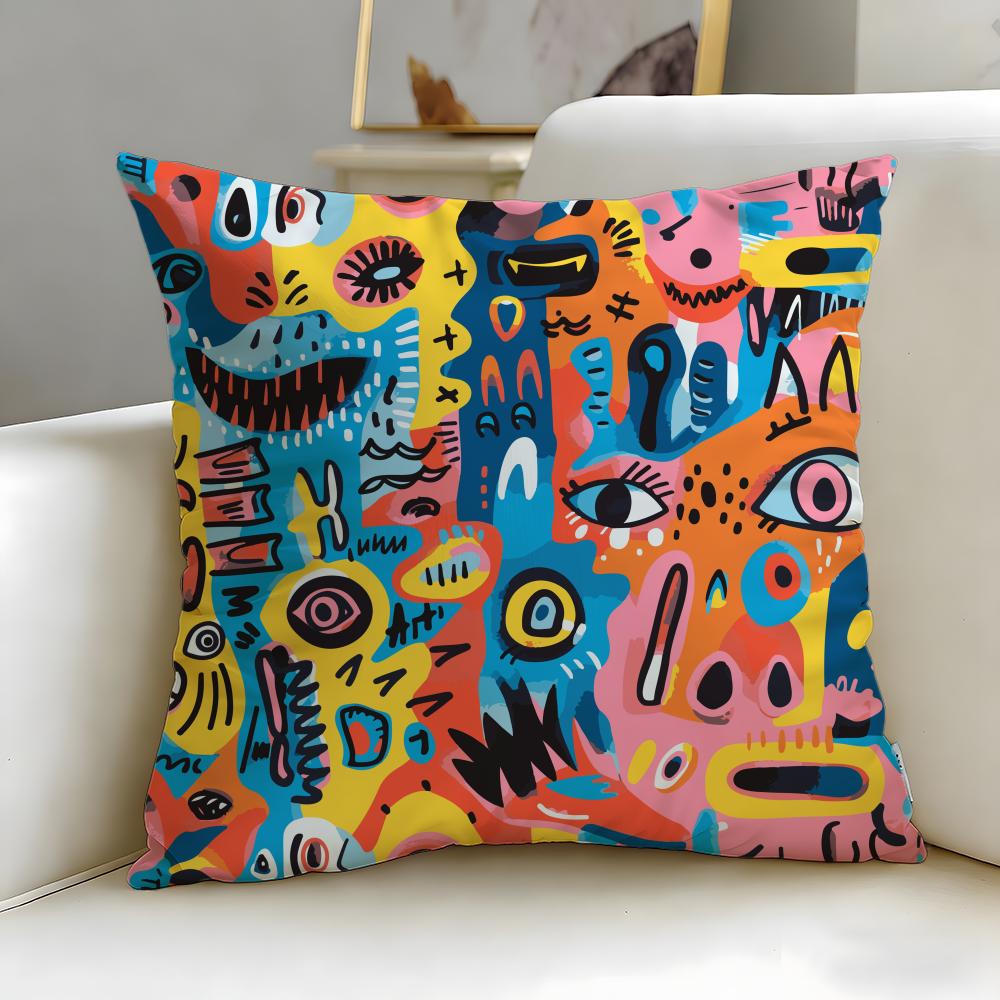 art theme Colorful Abstract Faces Cushion Cover Soft  EasyWash Pillow Case  Versatile for Couch Bed Travel and Office