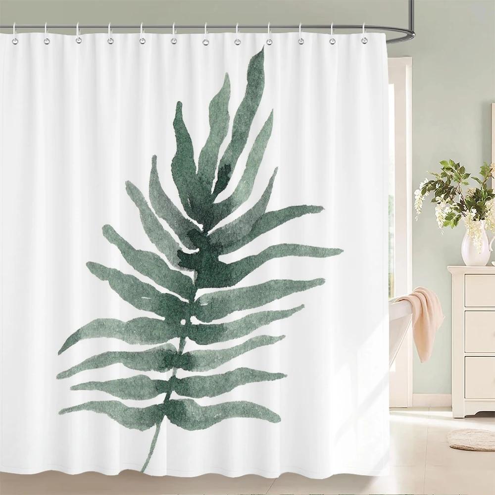 

1PC Modern Minimalist leaf Pattern Shower Curtain with Hooks - Design Chic Green leaves Plants Bathroom Curtain Decorationks W90xH180cm