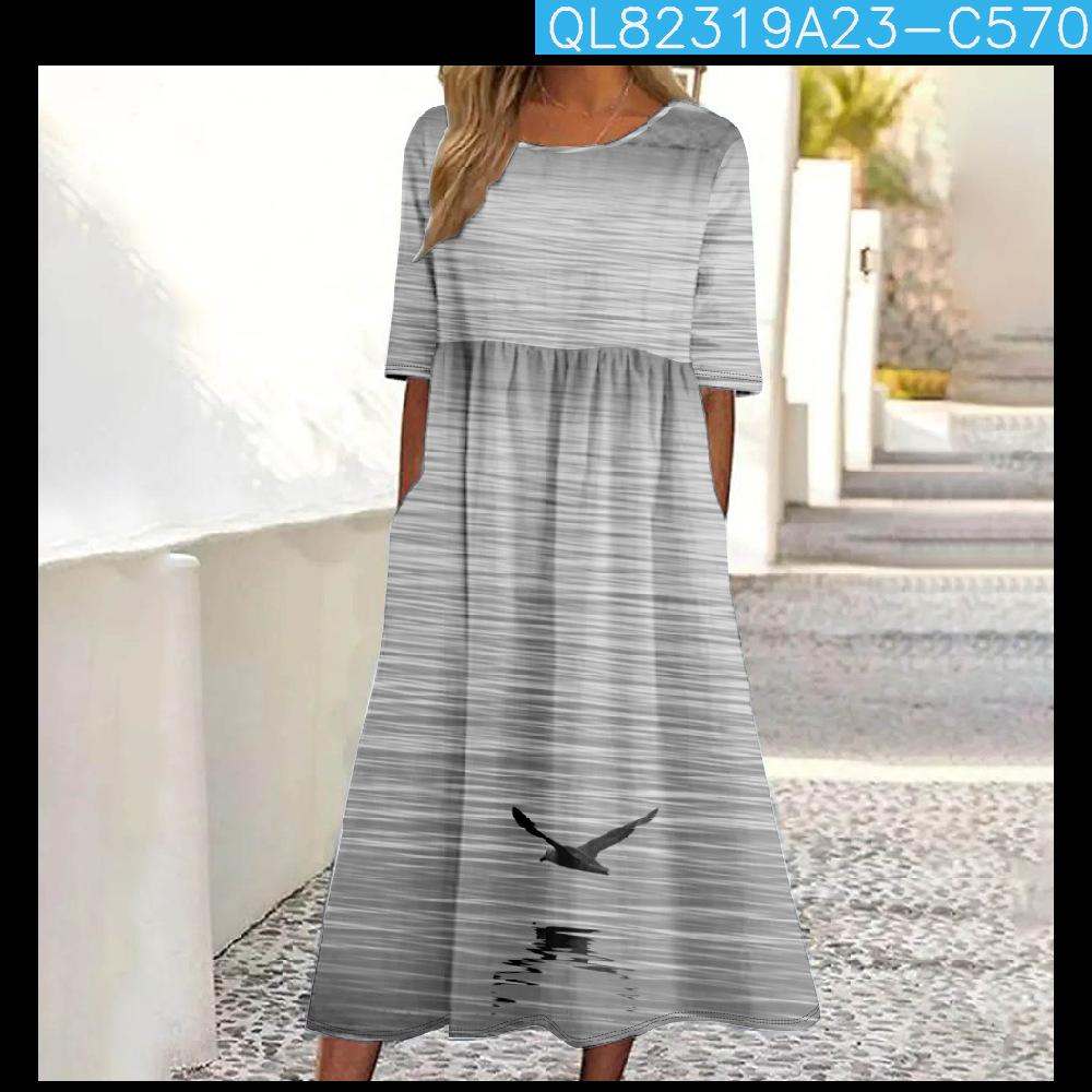 

Жіноча максі-сукня з довгим рукавом та квітковим принтом з синьо-зелено-золотим візерунком 4XL