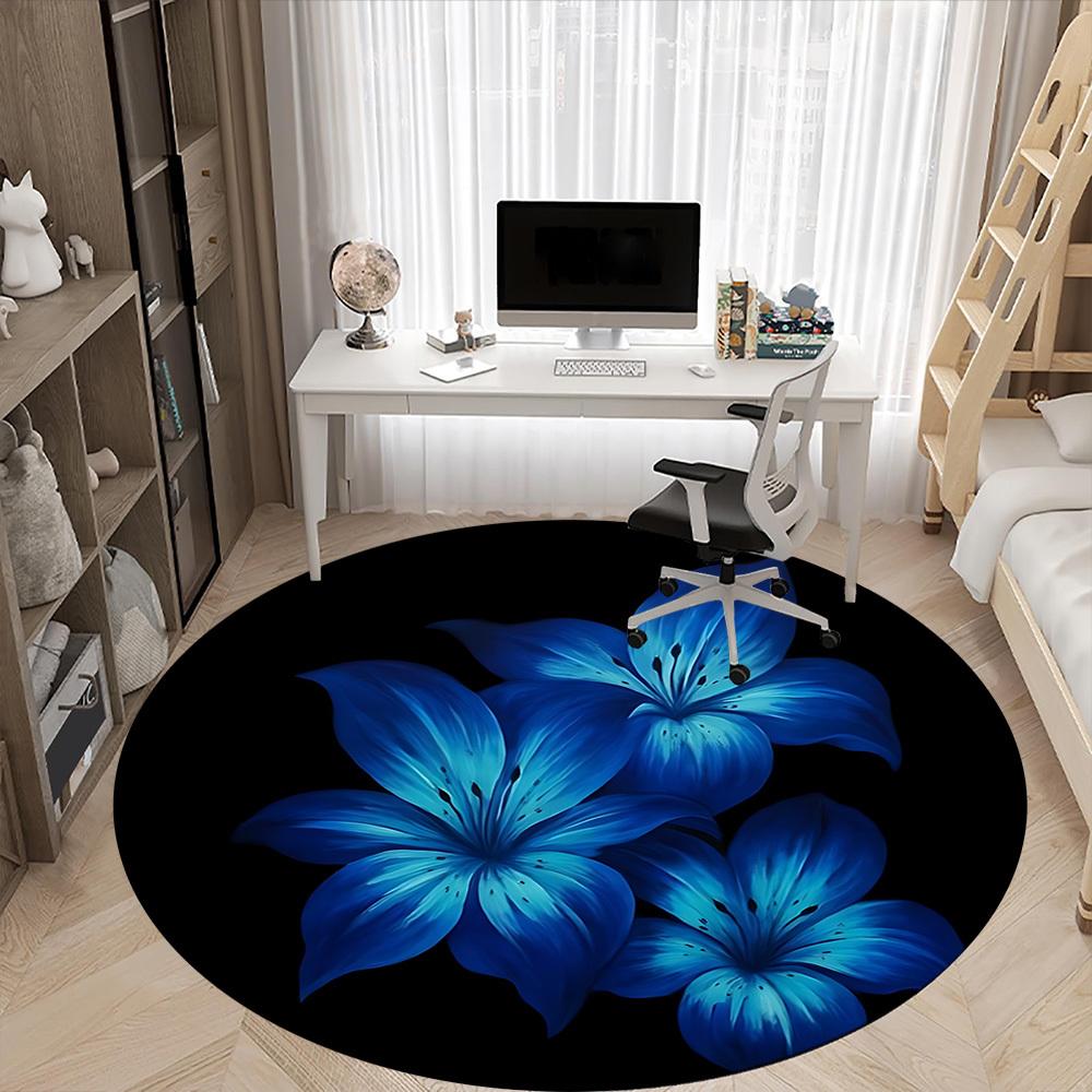 1pc Blue Lily Flowers Chair Carpet for Office, Round Non-Slip Durable Large Size Office Carpet, Suitable for Office, Beautiful Decoration