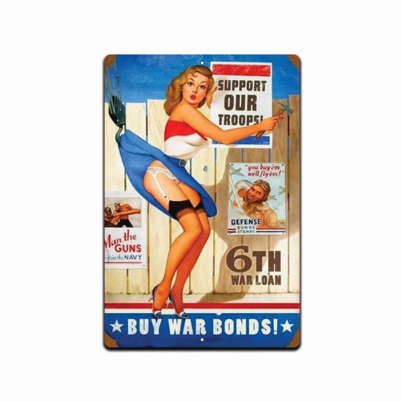 Pin-Up Girl Support Our Troops Tin Sign, Vintage War Bonds Metal Decor for Garage