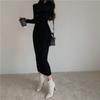 Vintage Knitted Sweater Long Sleeve Dresses Women Slim Korean Elegant Button V Neck Sweater Dress