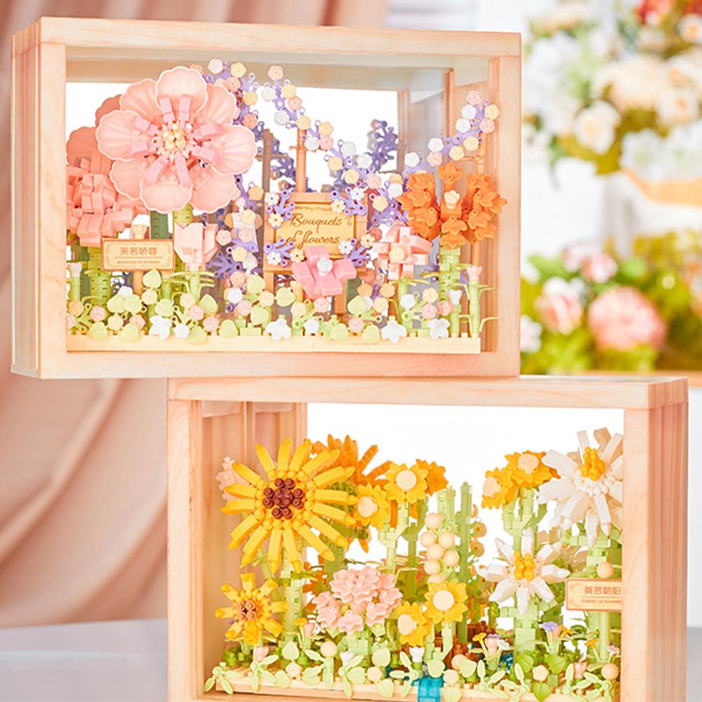 Květinové stavebnice s rámečkem na obrázky DIY Slunečnice Růže Stavební kostky Ozdoby Noční světlo Dárky pro dívky chlapce