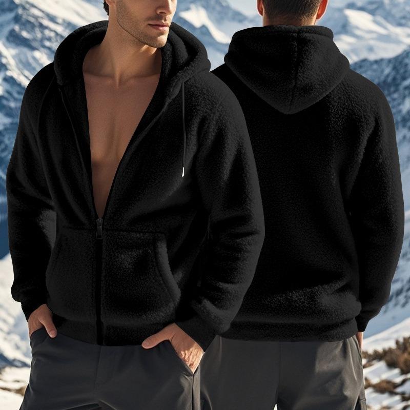 Men's American Style Double Sided Fleece Hooded Jacket, Thick Warm Full Zip Cardigan, Loose Fit Casual Coat for Spring Autumn
