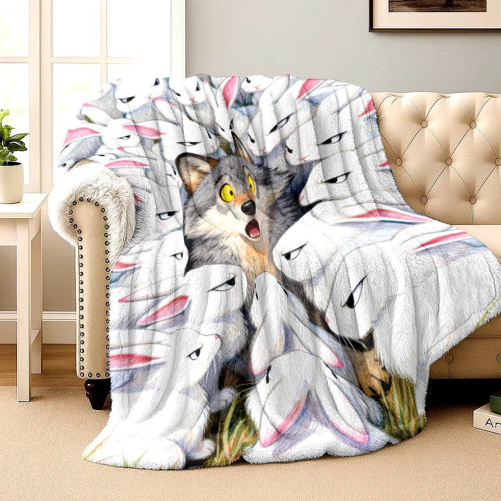 Fun wolf and rabbit pattern Flannel printed blanket suitable for all seasons suitable for living room office sofa and travel