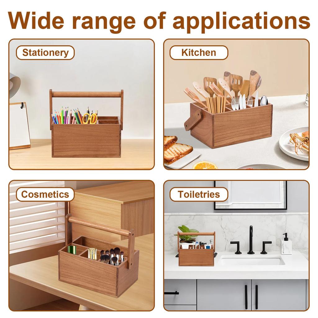 Wooden Kitchen Cooking Utensil Holder with Handle 4 Compartments Caddy Cutlery Holder for Silverware Kitchen Counter Organizer