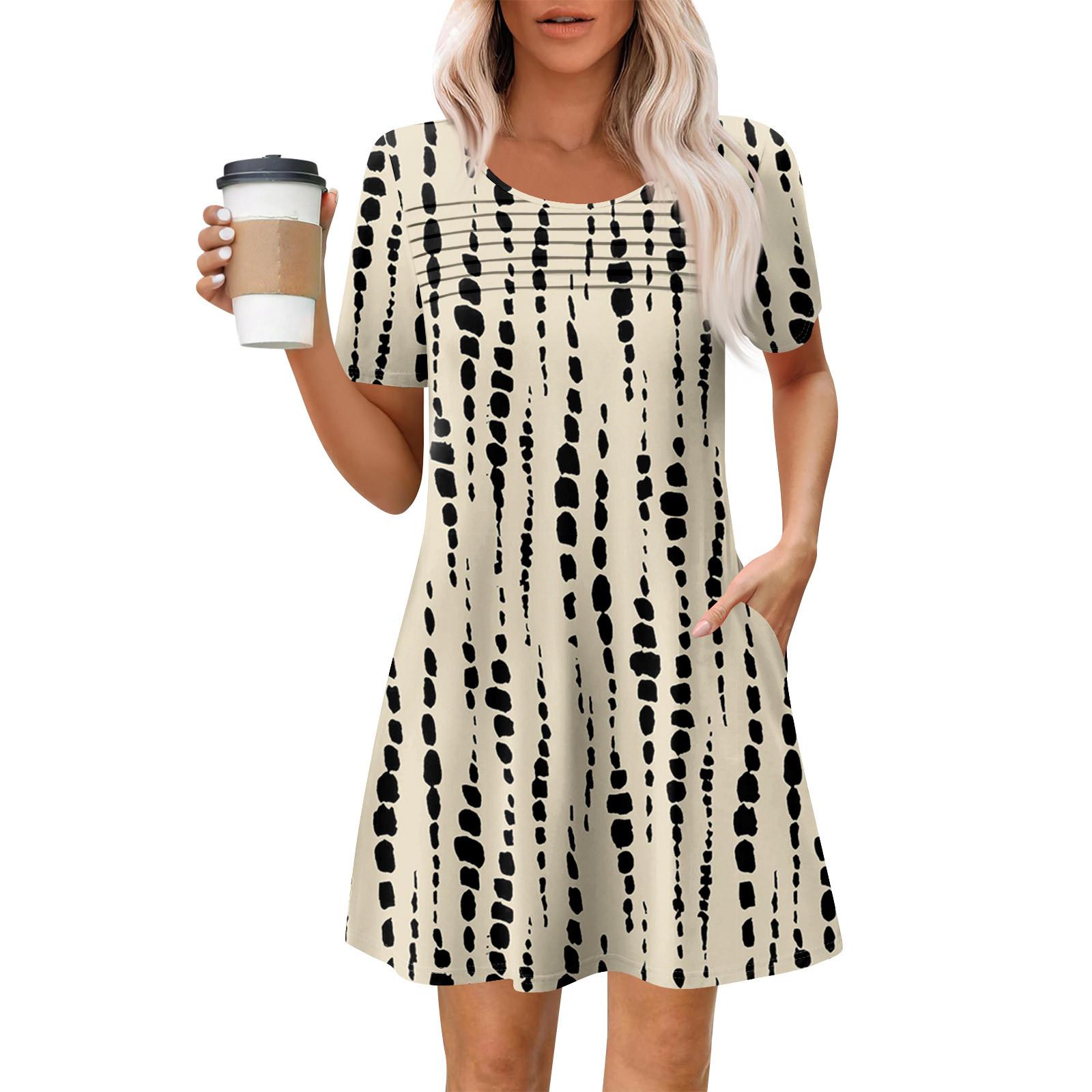 

Женские летние повседневные платья с круглым вырезом, плиссированные, с карманами, с принтом, с коротким рукавом S хаки