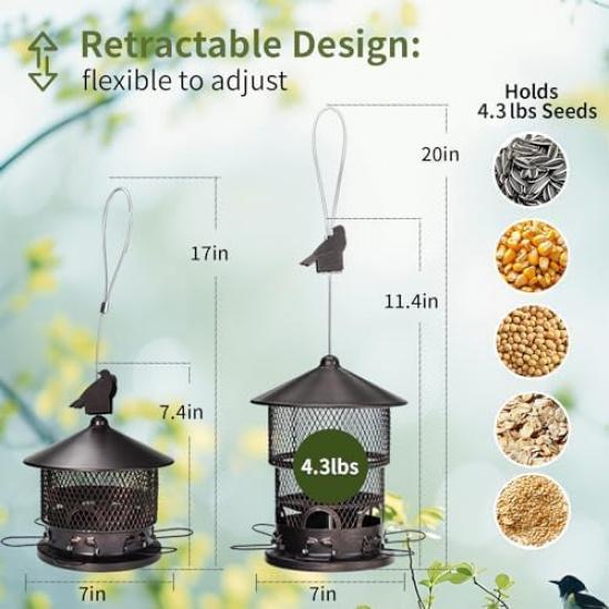 Bird Feeder for Outdoors Hanging, Wild Bird Feeders with Metal Mesh, Squirrel Proof Birdfeeder,4.3lb Retractable Seed Feeder,6 Perches for Bluebird,