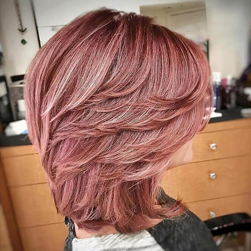 HAIRJOY Dark Gray Ombre Layered Wigs with  Bangs for Black Women Synthetic Hair Short Gray Highlight Straight  Layered Bob Wig