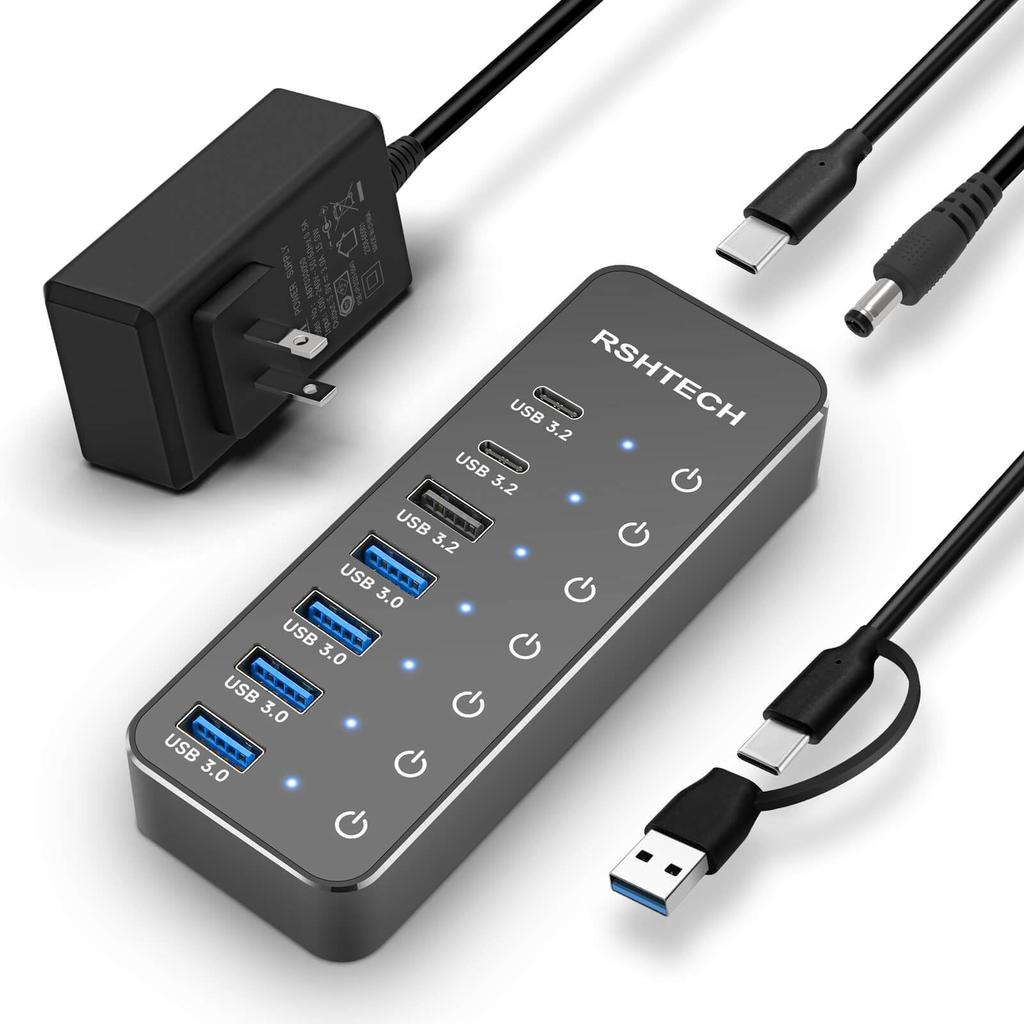 RSHTECH USB 7 USB C x USB A x USB x and 5V Power Independent Switch Hub, 10Gbps, Ports, 3.2 2, 3.2 1, 3.0 4, 2-in-1 Cable, Aluminum, Self-Powered