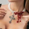 SHIXIN Gothic Red Crystal Tassel Jesus Cross Pendant Necklace for Women Retro Red Imitation Pearl Choker Halloween Jewelry Gifts