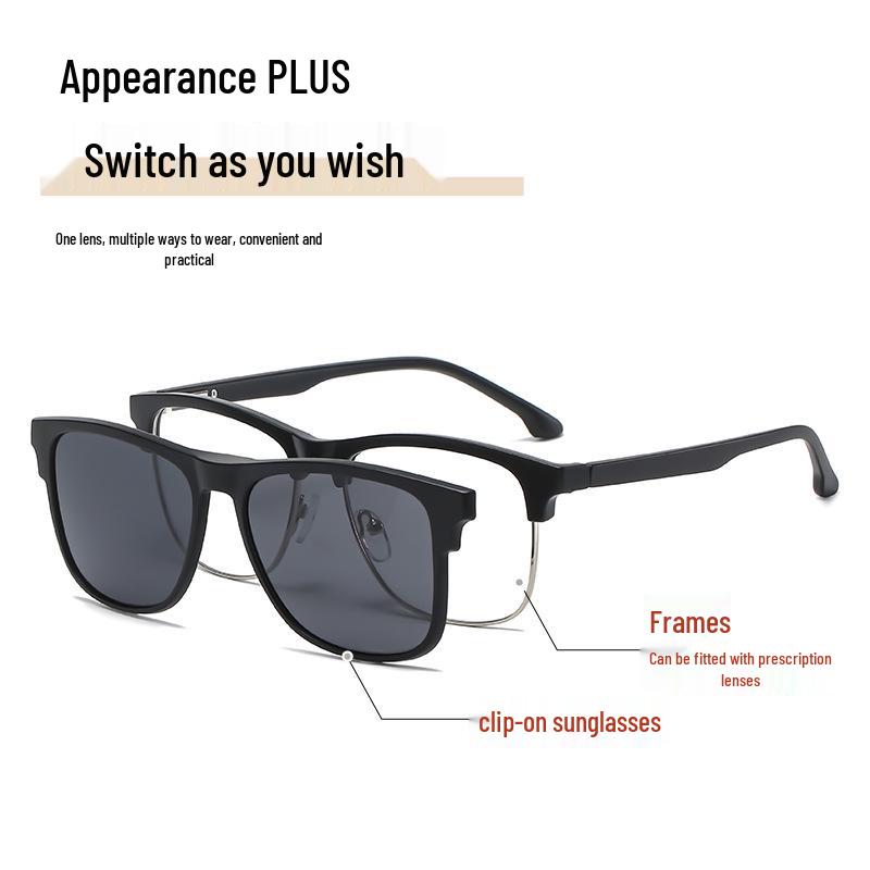 Black Semi-Metallic Clip-On Prescription Glasses with Polarized Grey Sunglasses