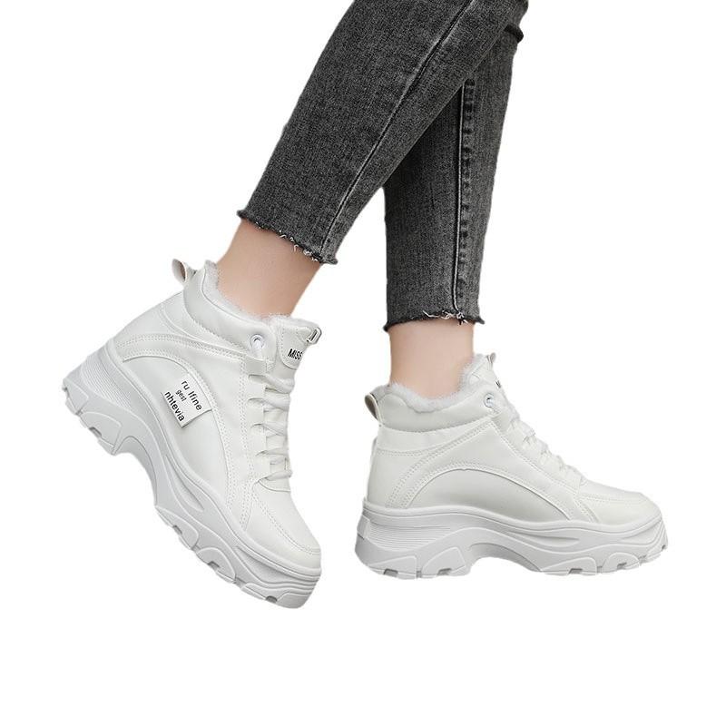 Adidași sport albi mici îngroșați cu fleece pentru femei, iarnă, noi, pantofi de damă versatili pentru studenți, pantofi de tată, pantofi din bumbac