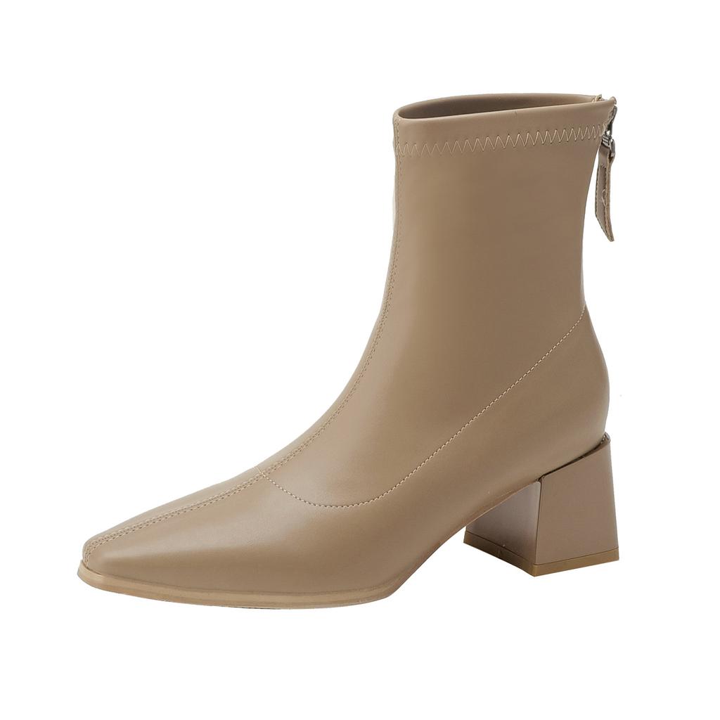 Dicke Ferse kurze Stiefel Damen 2025 neu Winter Damen Schuhe spitz mittelhoch dünne Stiefel französische braune Stiefel Damen mittelhohe Stiefel