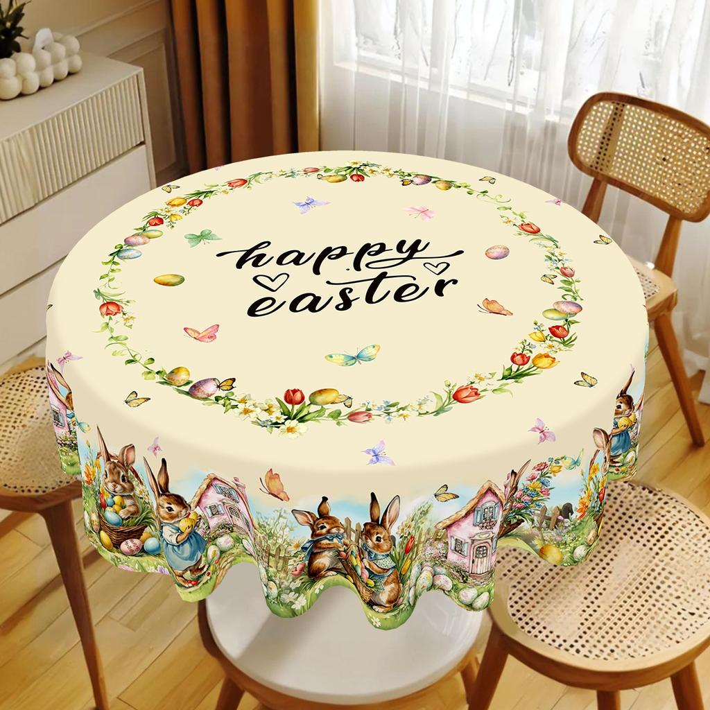 Easter Round Tablecloth Easter Bunny Egg Table Cover Spring Farmhouse Home Kitchen Dinning Table Decor Holiday Party Supplies