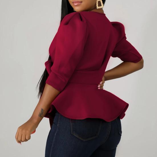 Deep V-neck Puff Half Sleeve Solid Color Women Coat Ruffle Hem Bowknot Bandage Peplum Blazer Workwear