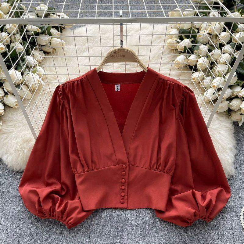 

Slim Looking V-neck Puff Sleeve Short Silm Midriff-Baring Shirt Orange Red All yards