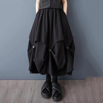 Patchwork Bud Button Elastic Waist Skirt ZMY1070