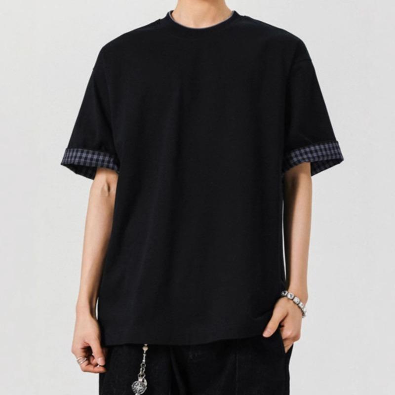 Men Gingham Cuff Patchwork Short Sleeve T Shirt Oversized Casual Crew Neck Top for Men M