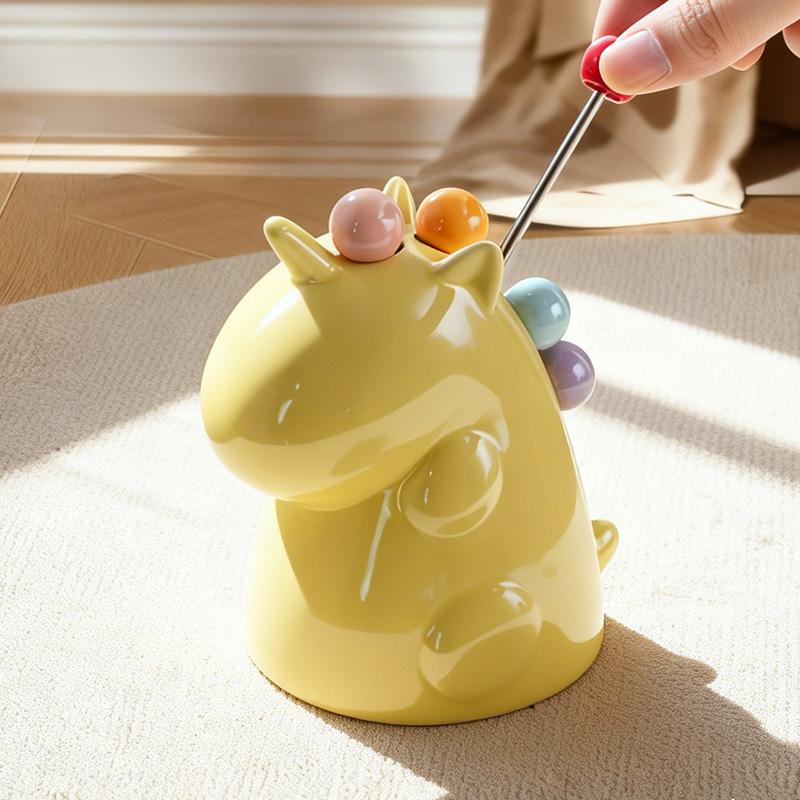 Novelty Dinosaur Ceramic Fruit Fork Holder with 6 Picks for Daily Dessert Snack Serving Home Kitchen Dining Table Decor