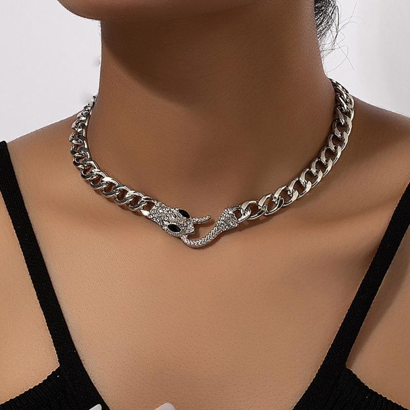 Snake Choker Necklace Black Silver Zircon Cuban Link Chain Accessory for Men and Women Cool Vikinged Goth Styles