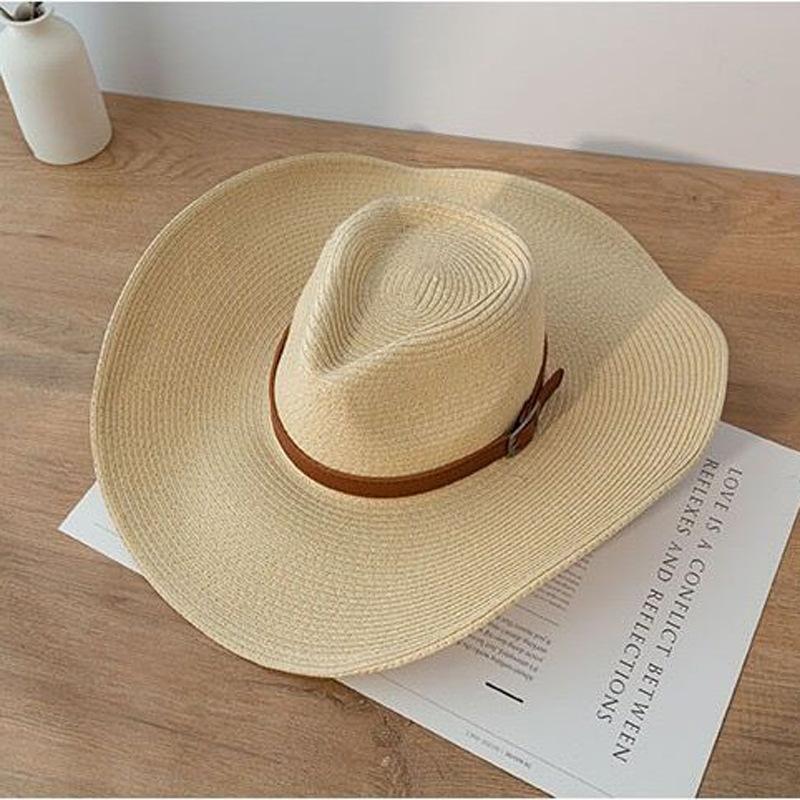 Men'S Straw Hat Beach Hat Summer Big Edge Sunshade Cowboy Hat Outdoor Sun Protection Hat Retro Wind Wide Brim