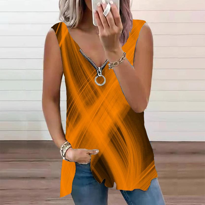 

Женский топ, летний новый модный цветной повседневный топ с крестообразным принтом, топ без рукавов на молнии с v-образным вырезом, майка на бретелях 8XL