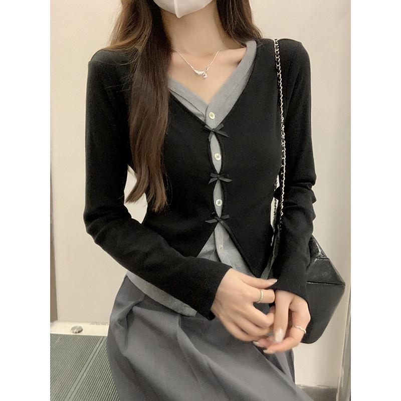 Fake Two-piece Stitching Contrasting Color Bow Long-sleeved Cardigan for Women Autumn New T-shirt Design Niche Slim Fit Top