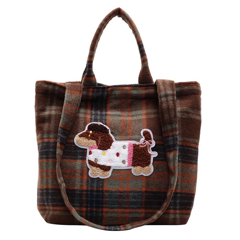 Herbst und Winter Wollkarierte Tasche Damen Neue Cartoon-Welpen-Einkaufstasche Lässige Schultertasche mit großer Kapazität Damen