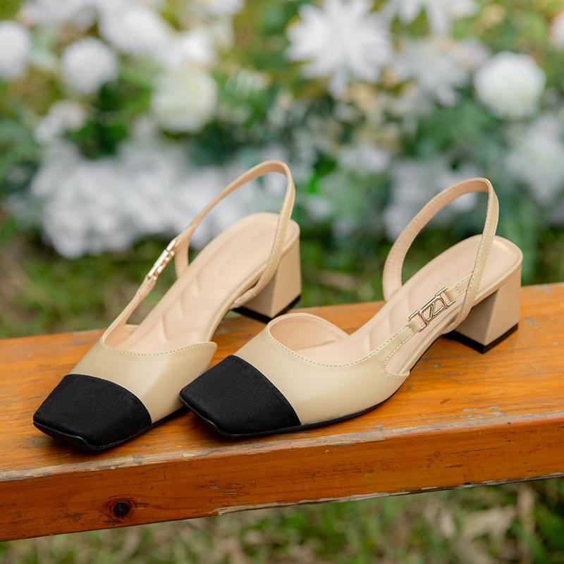 

Color matching small fragrant style Mary Jane shoes women s thick heel square head bag head sandals wear single shoes temperament versatile 40 абрикосовый