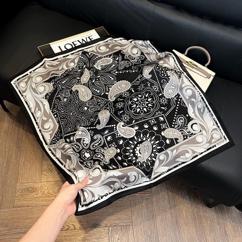 Silk scarf women's spring and autumn decoration versatile ins simple style striped square scarf streamer simulation silk fashion scarf scarf scarf