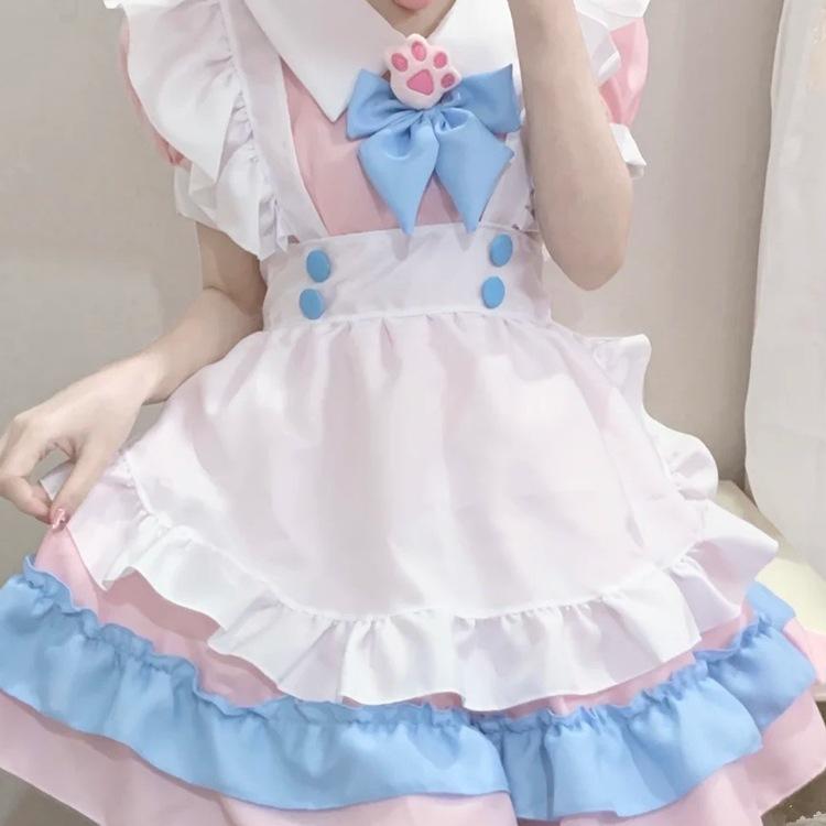 S-4XL large size maid dress, super cute big bow Lolita dress, women's boss pink and blue cute dress.