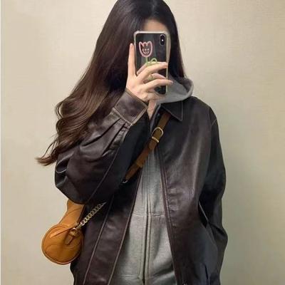 Retro hnědá kožená bunda pro ženy Jaro a podzim Nový styl bundy Krátký styl pro malé lidi