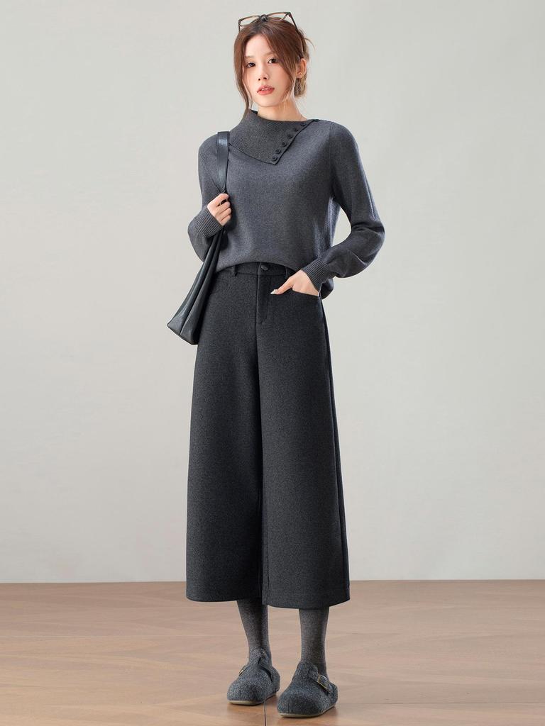 Women's 2025 Winter High-Waisted Wool Blend Wide-Leg Pants: Petite & Plus, Thickened, Slimming, Casual Cropped Commuter Style.